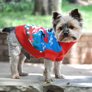image of dog wearing ugly snowman holiday sweater