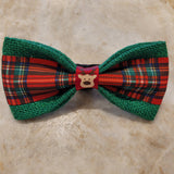 Holiday Plaid On Green Burlap with Reindeer Accented Bow Tie
