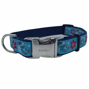 collar with winterberry pattern and silver buckle with The Tail Wags logo